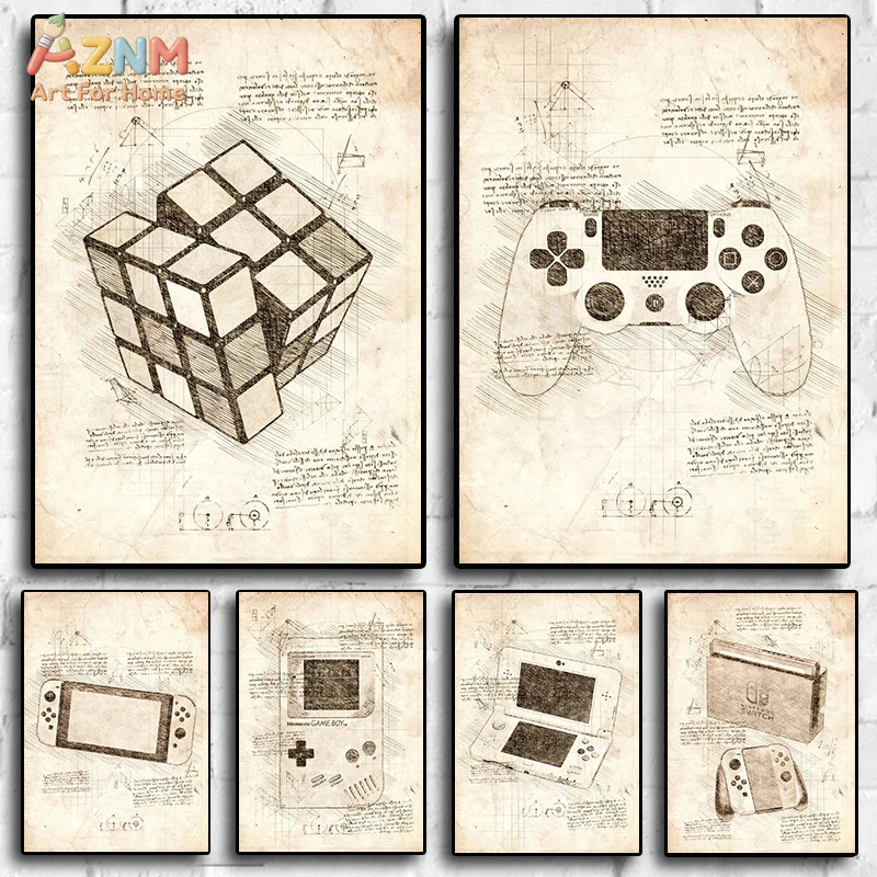 Gaming Console Cube - AZNM Vintage Blueprint Gaming Canvas Wall